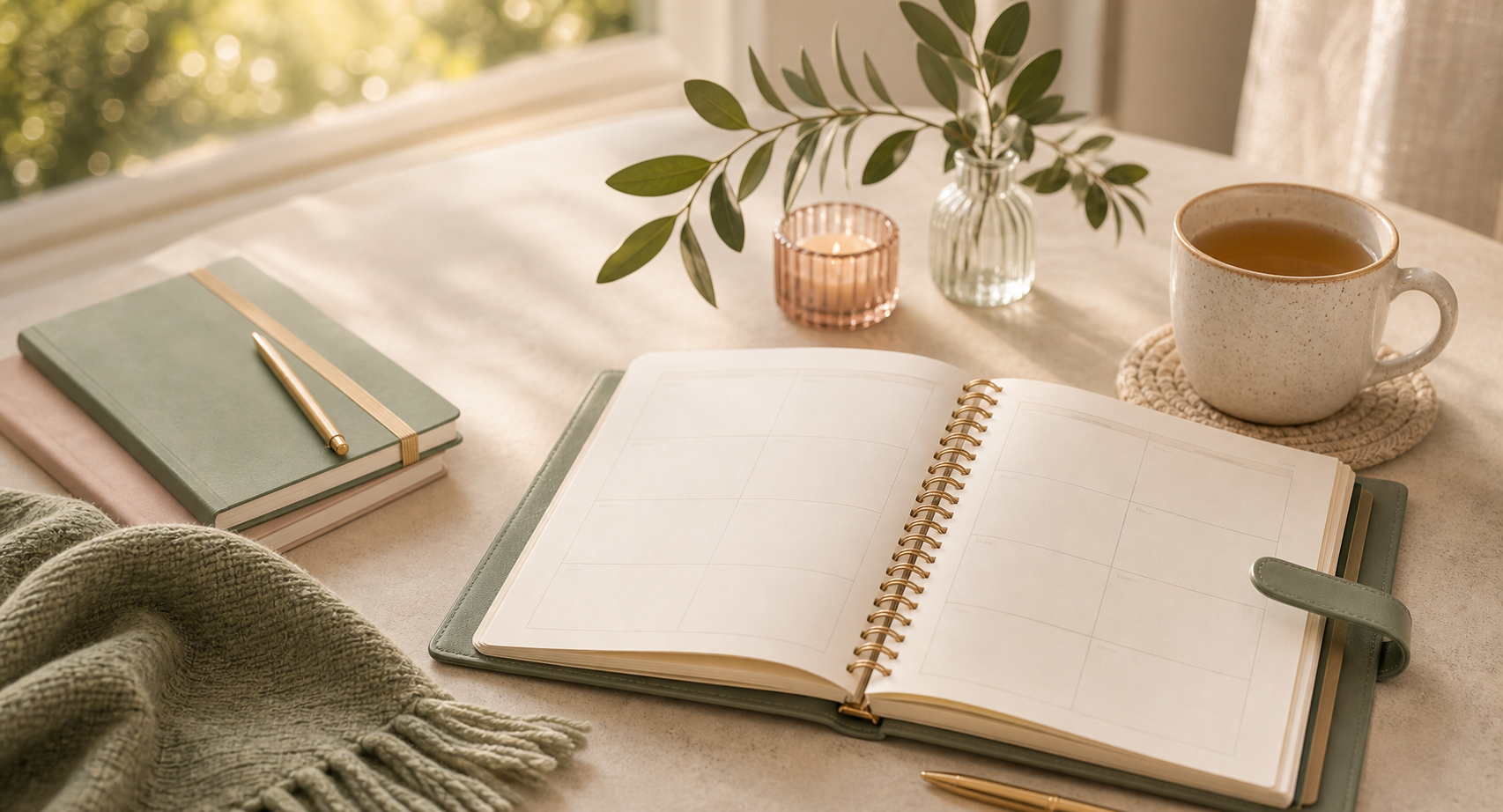 A calm tabletop with a planner, notebook, tea, candle, and greenery.