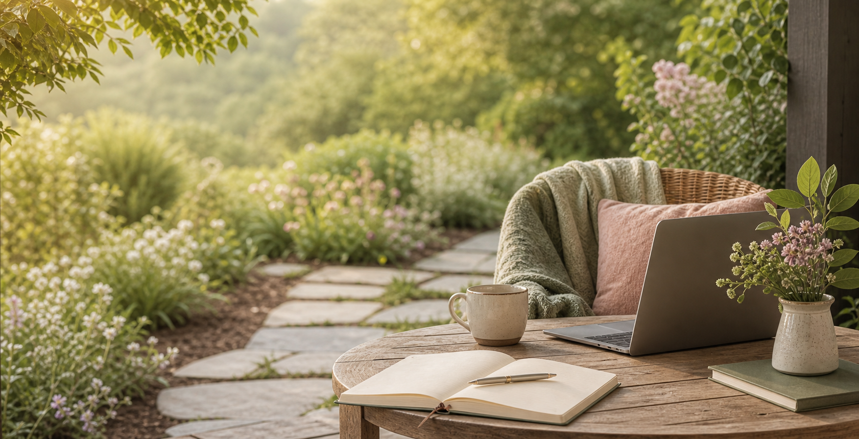 A peaceful outdoor coaching space with a garden path, notebook, tea, and laptop.
