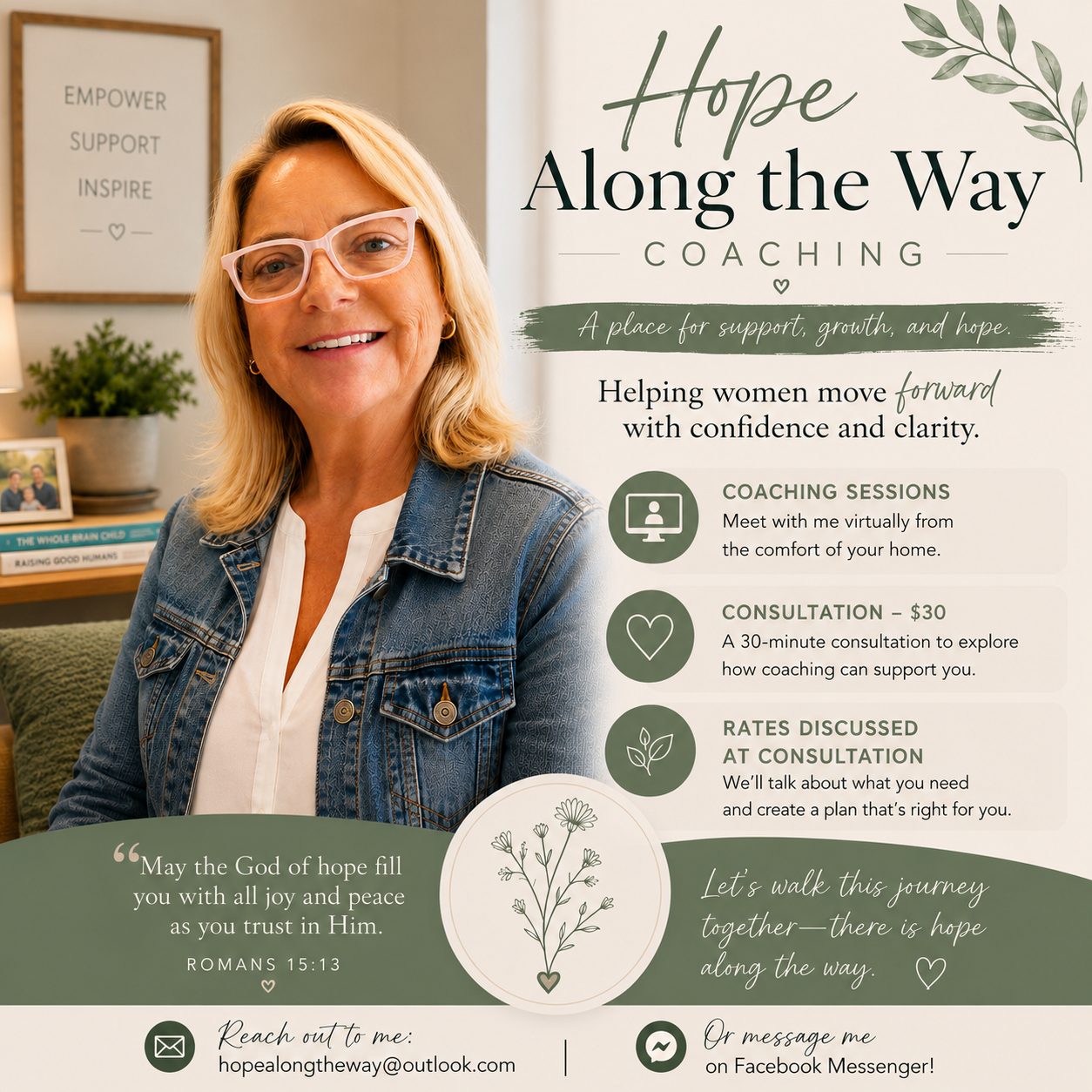 Hope Along the Way Coaching brand graphic with coach portrait, service details, and contact email.