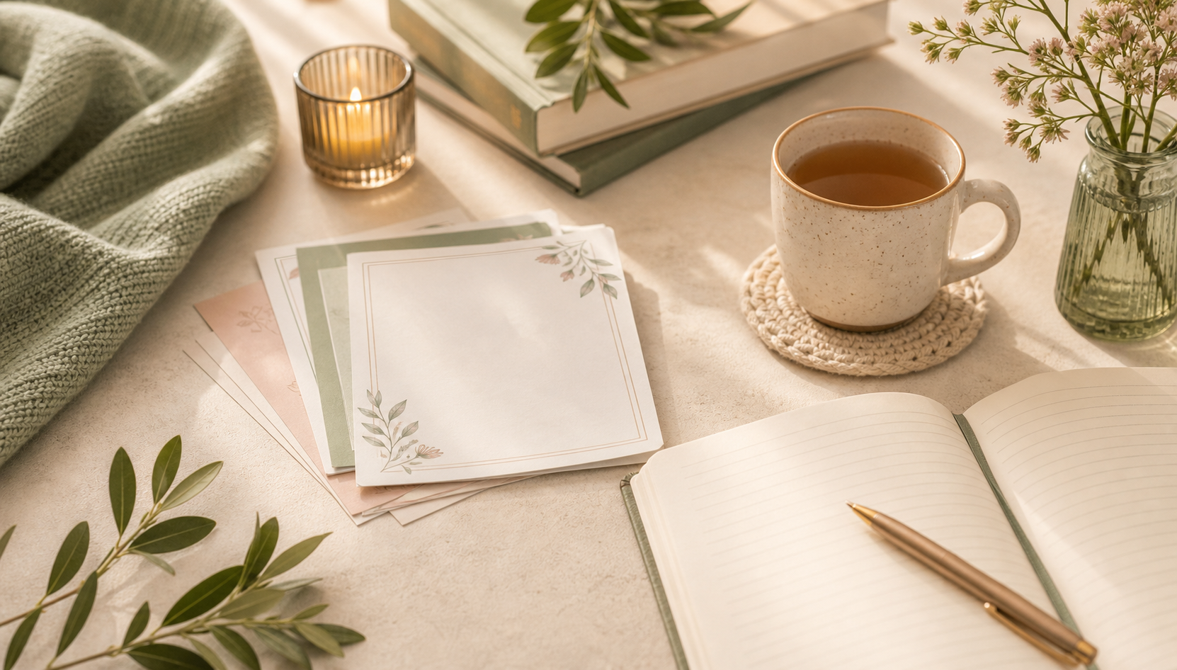 Printable reflection cards, journal, tea, candle, and greenery in soft morning light.