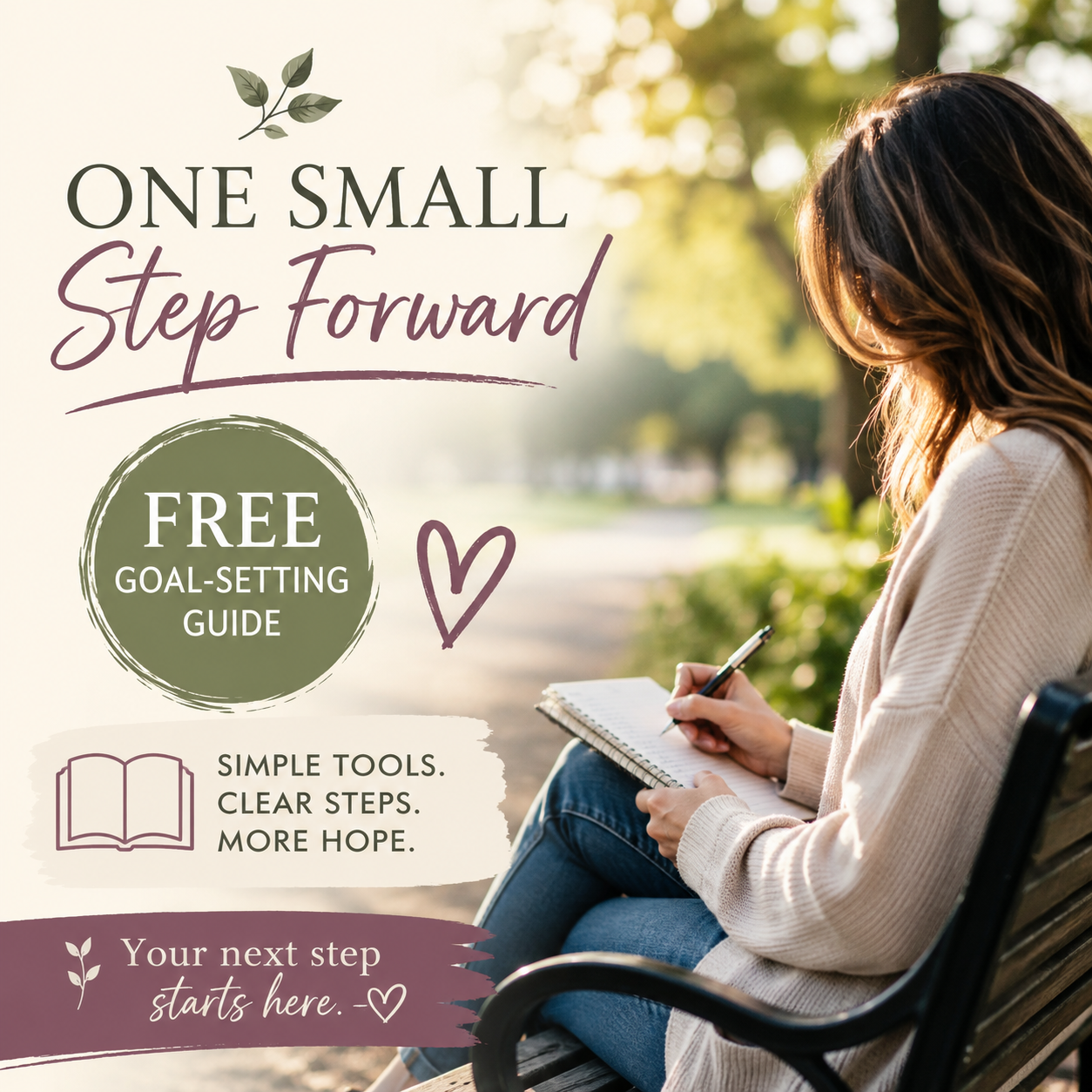 One Small Step Forward free goal-setting guide preview with a woman journaling on a bench.