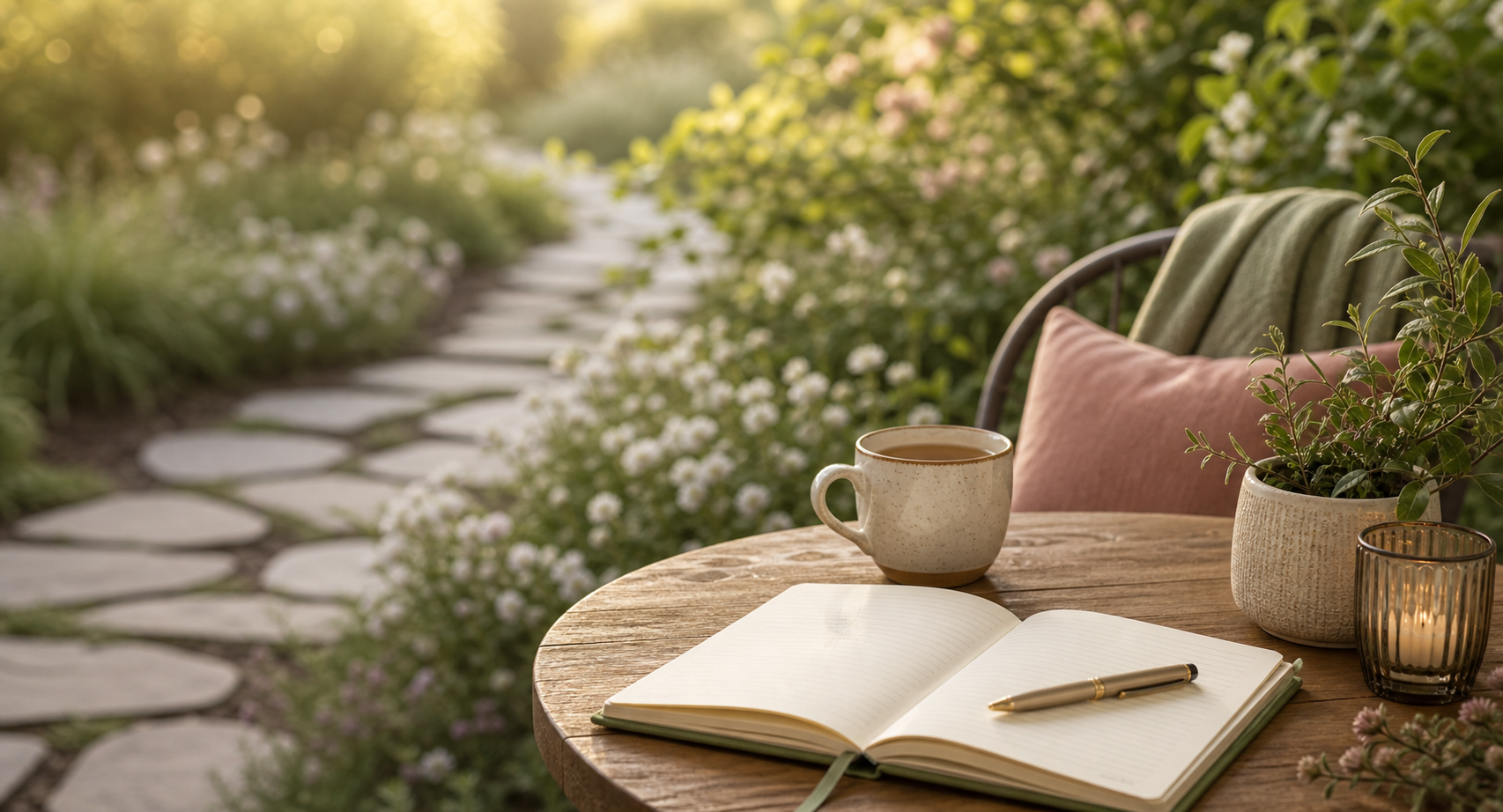 A peaceful garden path with an open notebook, tea, and soft morning light.