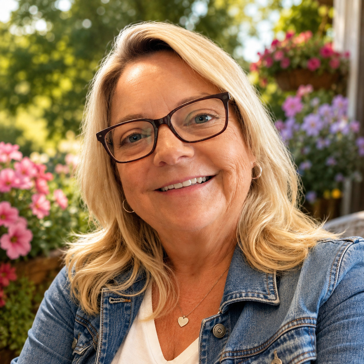 Sharris Loewen smiling outdoors with flowers in the background.