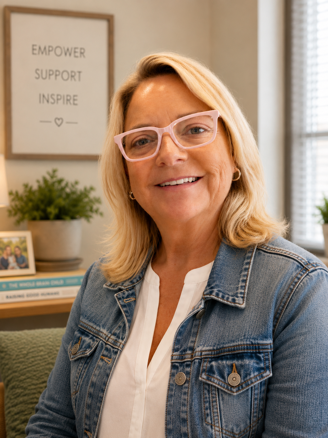 Sharris, Hope Along the Way Coaching founder, smiling in a warm coaching office setting.