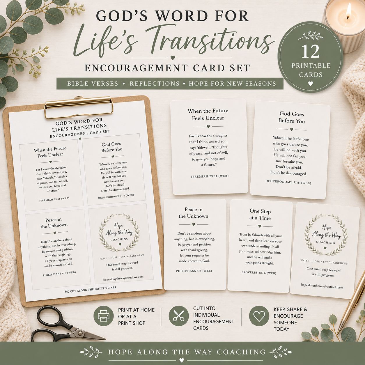 God's Word for Life's Transitions printable encouragement card set preview.