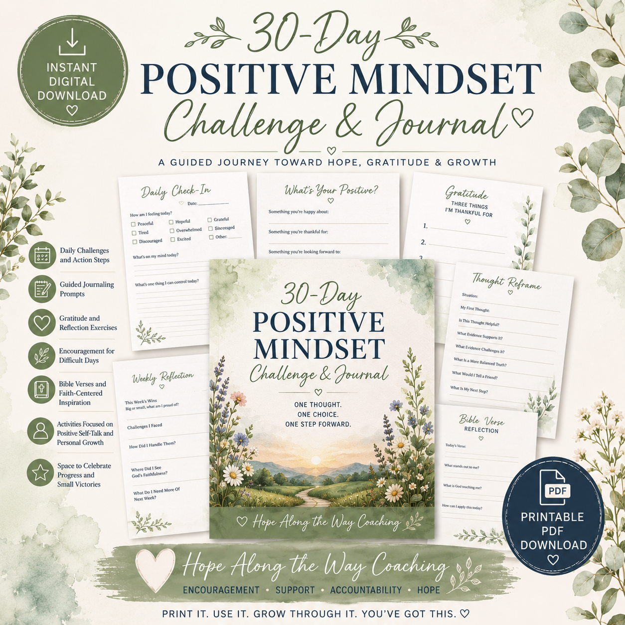 30 Day Positive Mindset Challenge and Journal printable PDF preview.