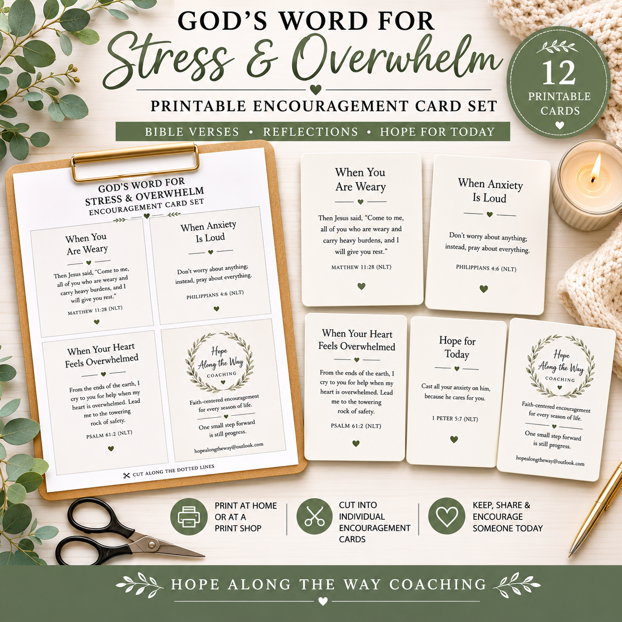 God's Word for Stress and Overwhelm printable encouragement card set preview.